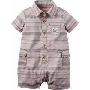 Baby Boy Stripe Cargo Button Front Romper Khaki